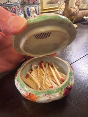 Porcelain Floral Match Holder with Lid - Green & Pink Accents